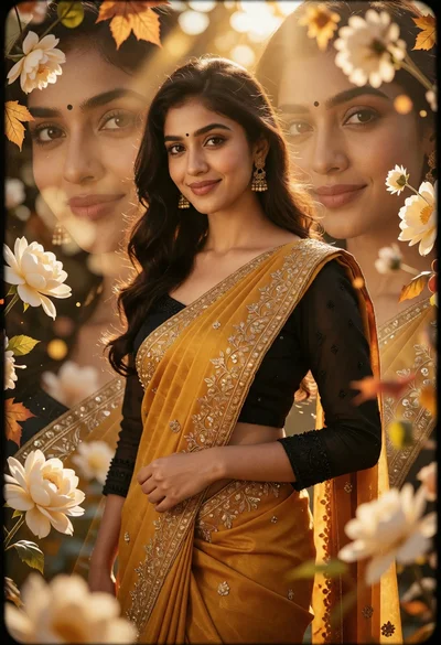 South asian woman in mustard saree surrounded by flowers and ghostly face