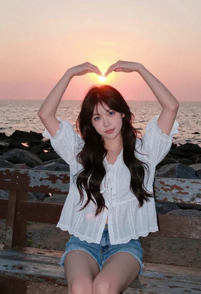 Young woman forming heart shape at seaside during vibrant orange sunset