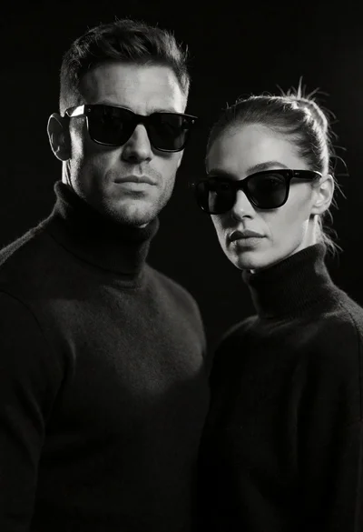 High contrast black and white studio portrait of man and woman