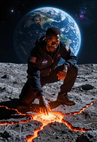 Man crouching on moon surface near lava glow