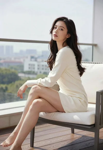 Woman in cream dress seated on white chair on wooden balcony