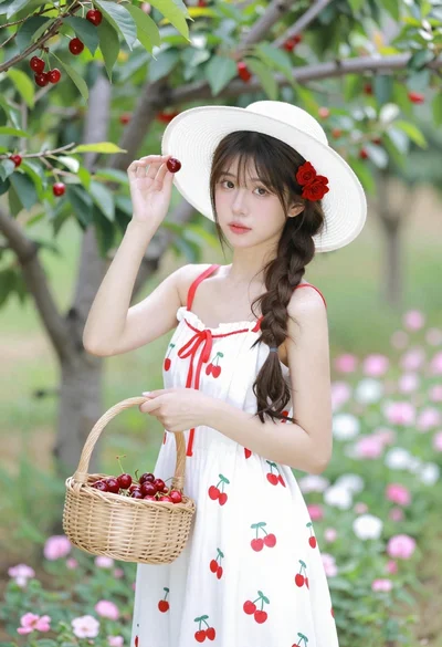 Young woman in white sundress holding cherry basket in blooming orchard