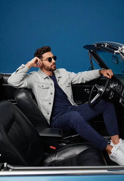 Stylish man in vintage convertible against blue background