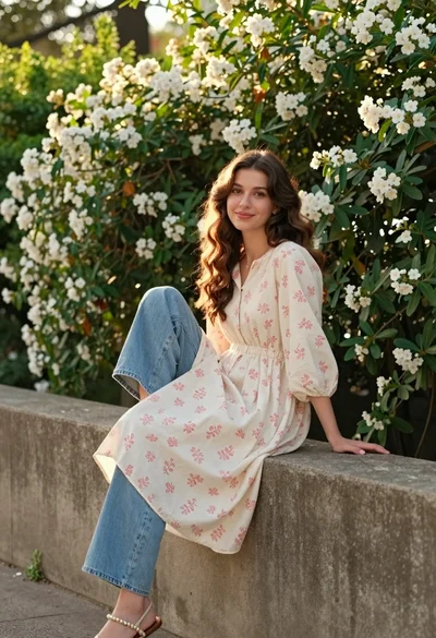 Young woman with brown hair sitting on concrete ledge amidst green foliage