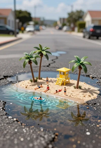 Macro shot of miniature tropical island diorama in a puddle on cracked