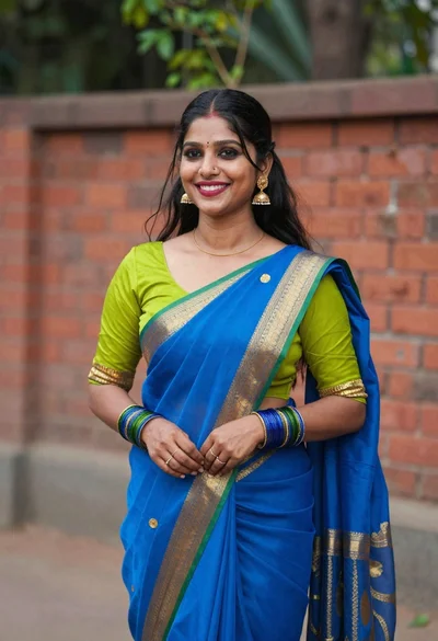 Smiling young woman in blue and lime green saree outdoors against brick