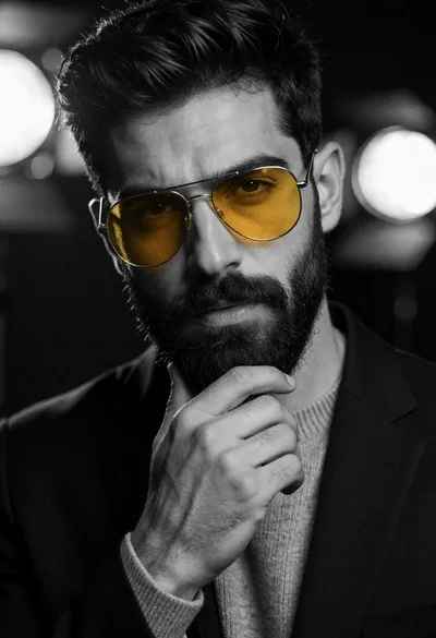 Close up portrait of handsome man in black suit with yellow sunglasses