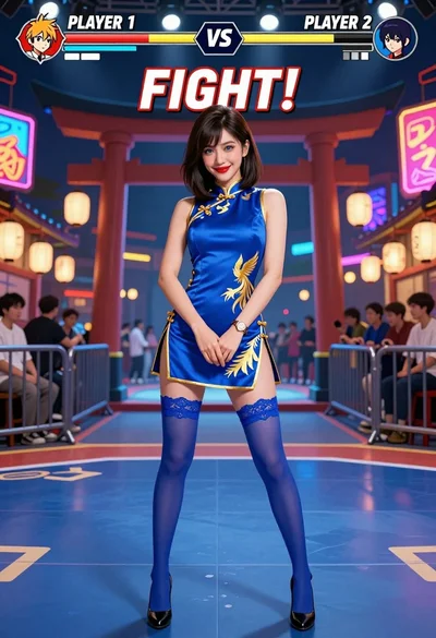 Woman in blue qipao standing in neon lit fighting game arena
