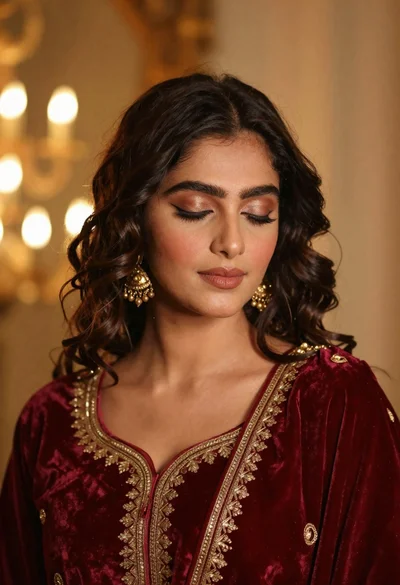 Portrait of young woman in red velvet dress with gold jewelry