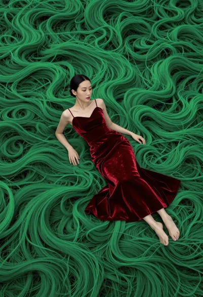 Woman in red velvet gown on green fur landscape