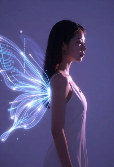 Profile portrait of woman with glowing energy and code