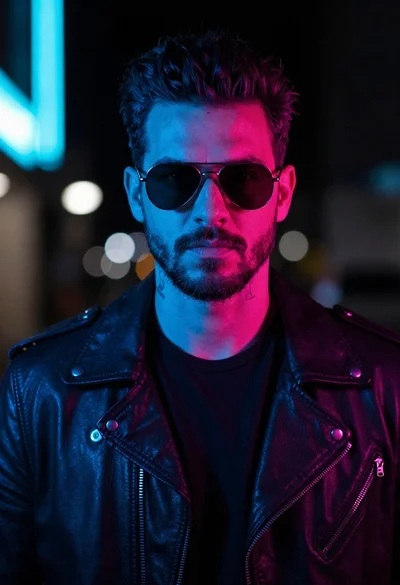 Man in leather jacket against cyberpunk neon city background