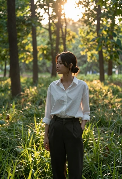 Young woman in white shirt standing in a sun drenched forest clearing