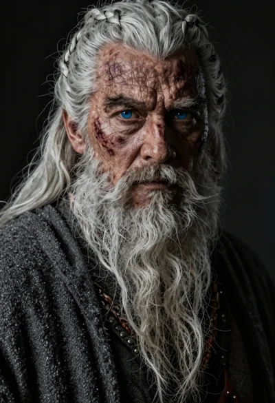 Hyperrealistic portrait of ancient warrior with blue eyes