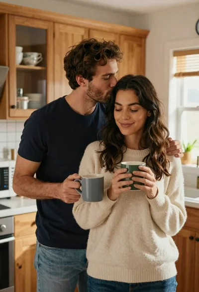 Couple sharing a warm moment in a cozy kitchen with mugs