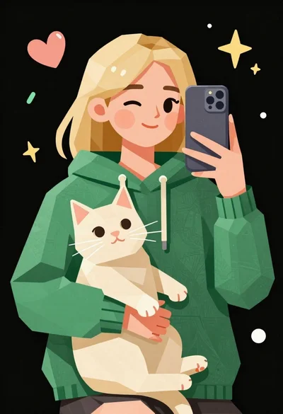 Low poly illustration of girl taking selfie with cat on black background