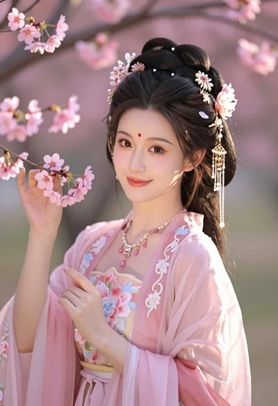 Young east asian woman in pink hanfu amidst blooming cherry blossoms garden
