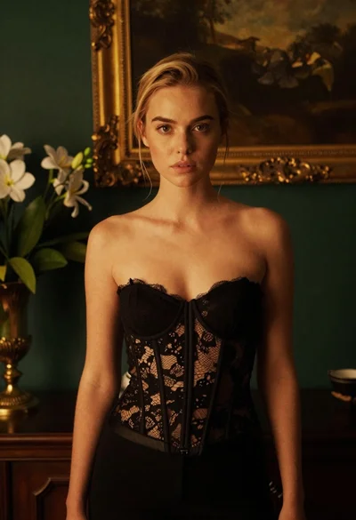 Blonde woman in black lace corset top against dark green wall
