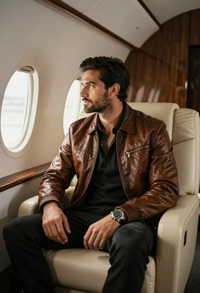 Handsome man in brown bomber jacket seated inside luxurious private jet cabin
