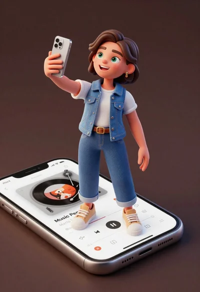 Cheerful young woman taking selfie while standing on giant smartphone screen