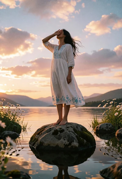 Woman standing on mossy rock in calm lake at sunset with mountains