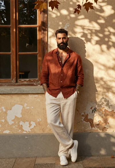 Confident man with dark beard leaning against weathered beige wall outdoors