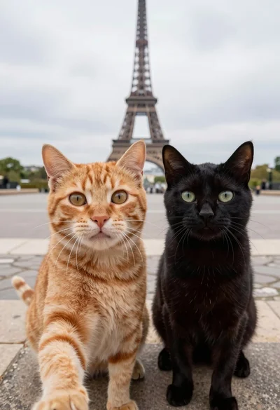 Two cats taking a selfie in front of eiffel tower paris promenade