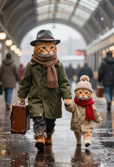Two cats walking hand in hand through snowy train station