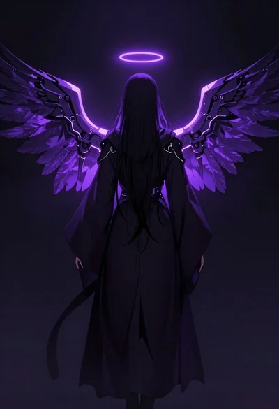 Mysterious figure with glowing mechanical wings in void