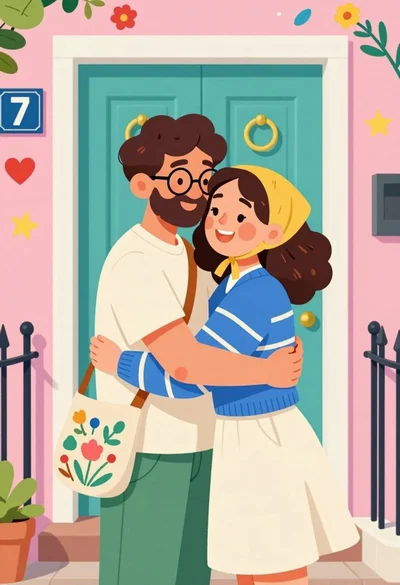 Joyful illustration of couple hugging warmly before colorful house entrance