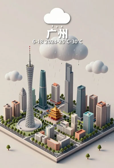 Isometric miniature model of guangzhou city under rainy sky illustration