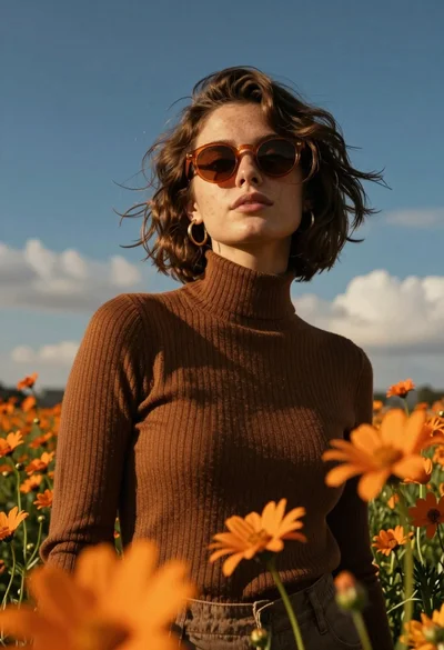 Young woman in brown sweater standing in orange flower field under deep