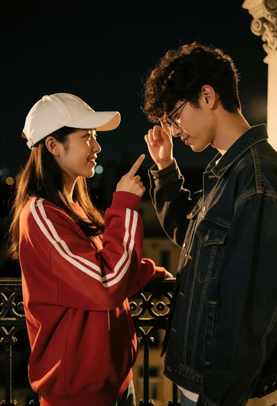 Two young people on balcony at night pointing playfully against dark sky