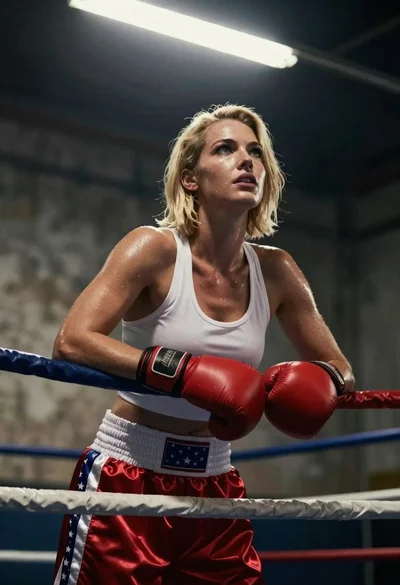 Confident blonde boxer leaning on ropes in dimly lit boxing ring