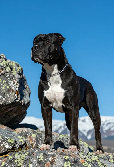 Muscular black dog standing alert on rocky terrain under vivid blue sky
