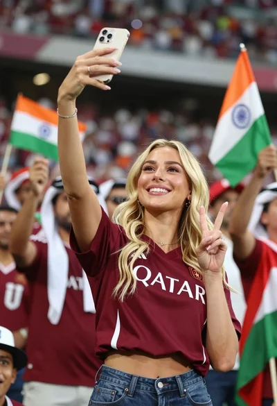 Smiling blonde woman taking a selfie at a crowded stadium event