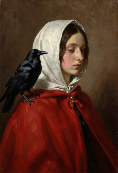 Oil painting portrait of woman with raven on shoulder
