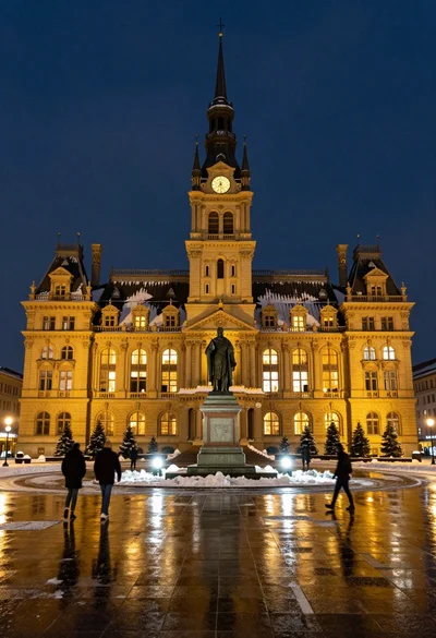 Majestic illuminated historic building facade under deep blue night sky