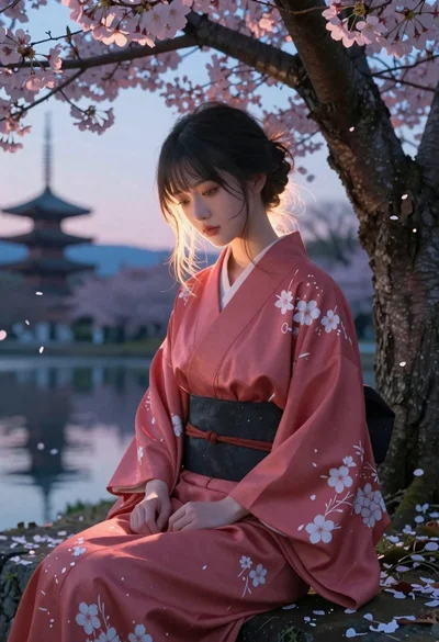 Anime woman in kimono under cherry blossoms