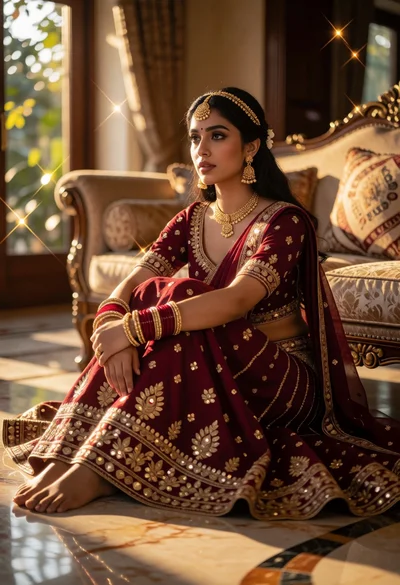 Young woman in maroon lehenga on marble floor with golden sunlight