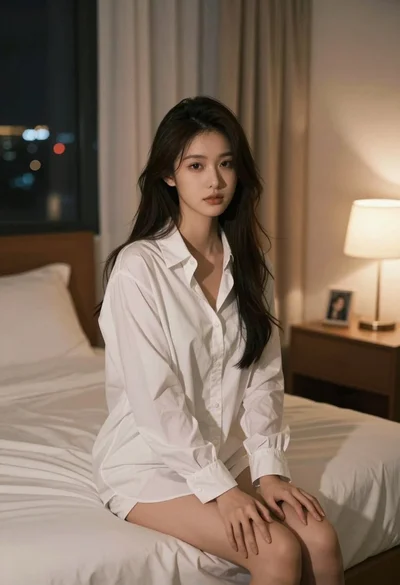 Young woman in white pajamas sitting on bed at night with city