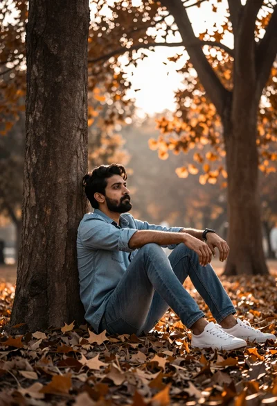 Man sitting against tree in autumnal park with golden filtered sunlight