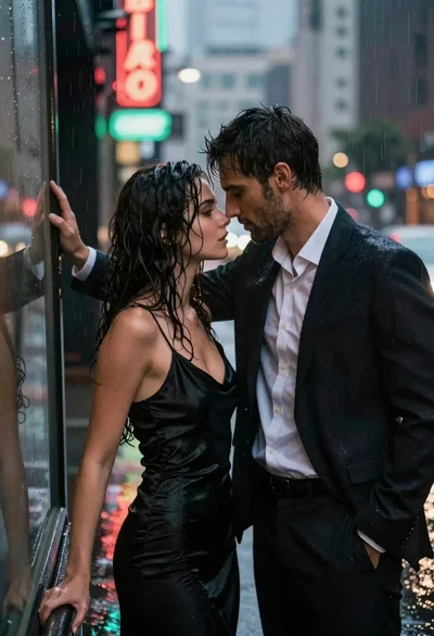 Man and woman standing close together in the rain on city street