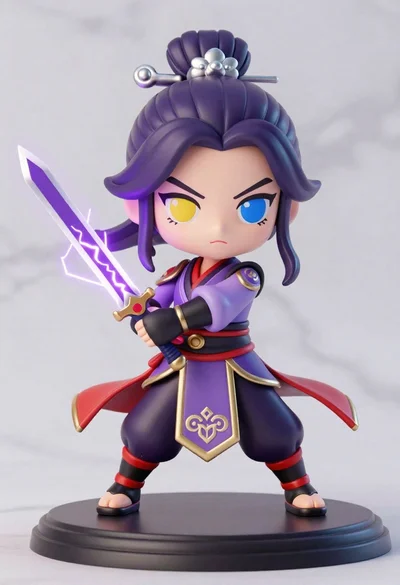 Chibi style action figure of female warrior with heterochromatic eyes holding glowing