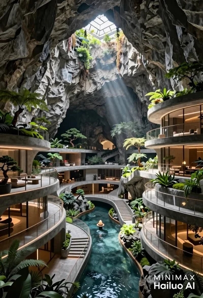 Futuristic luxury resort carved into a massive limestone cave with skylight