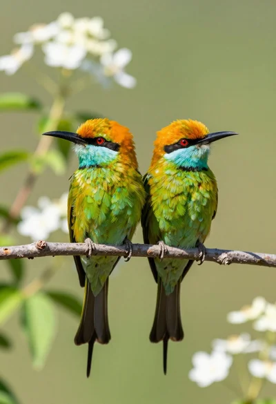 Two vibrant green birds with orange heads perched on a thin branch