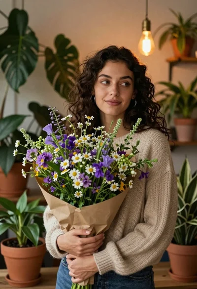 Young woman in beige sweater holding wildflower bouquet among indoor plants