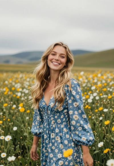 Joyful young woman in blue floral dress standing in wildflower meadow