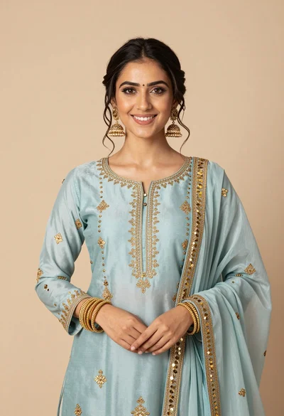 Smiling young woman in light blue embroidered traditional outfit studio portrait