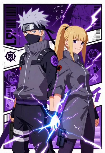 Two anime ninja characters stand back to back with lightning energy in